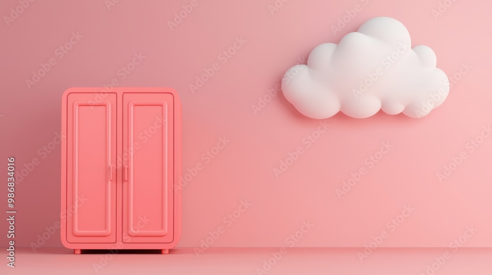 Stylish pink wardrobe against a pastel pink wall, with a fluffy cloud decoration for a playful vibe. Stylish pink wardrobe against a pastel pink wall, with a fluffy cloud decoration for a playful vibe.
