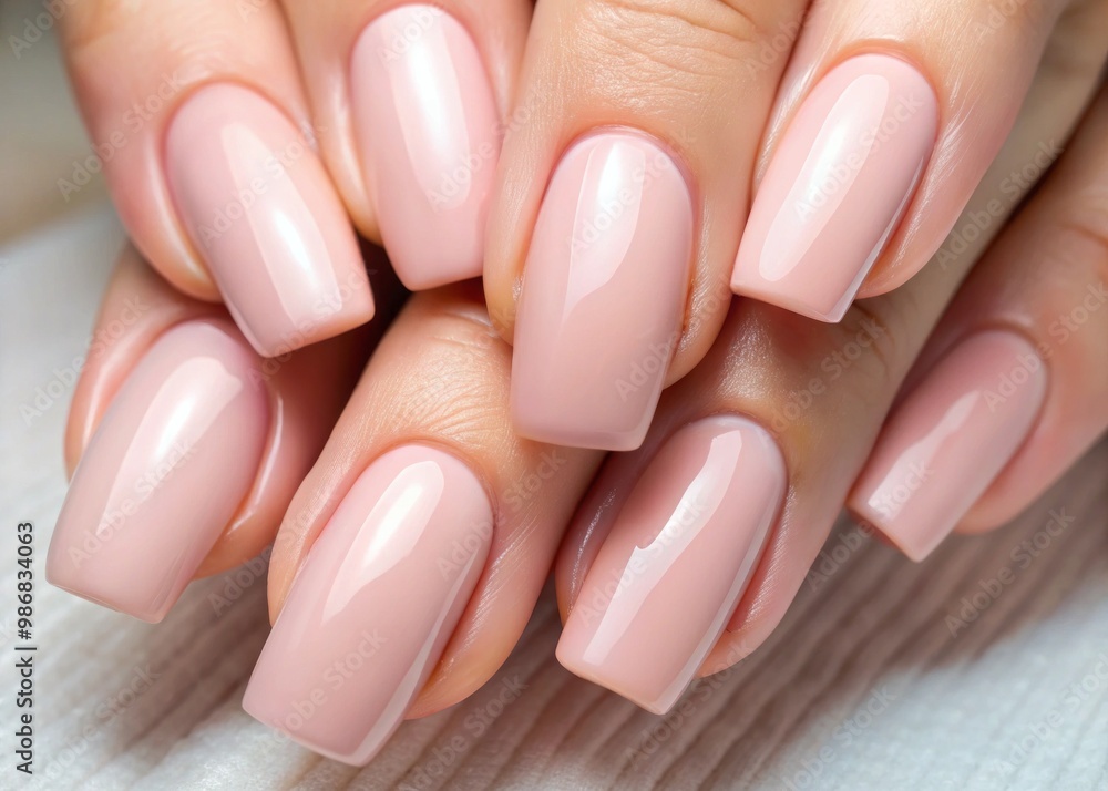 Tiny flaws accentuate the precision of expertly manicured light pink acrylic nails, boasting a glossy finish that Tiny flaws accentuate the precision of expertly manicured light pink acrylic nails, boasting a glossy finish that