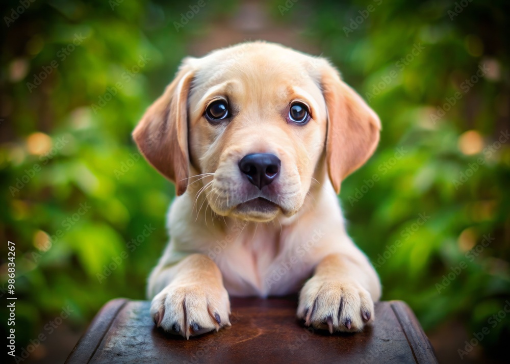 Tiny Labrador retriever puppy with big paws and expressive eyes tilts its head and gazes up at the Tiny Labrador retriever puppy with big paws and expressive eyes tilts its head and gazes up at the