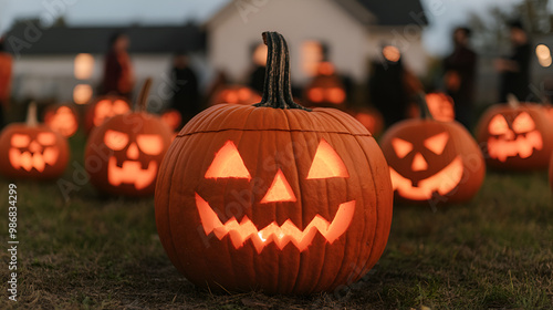 Halloween festival scene with a variety of carved pumpkins, spooky jack-o-lanterns, festival-goers enjoying the event photo