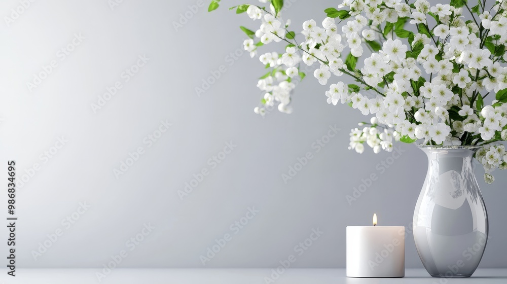White floral arrangement with a candle and vase on a grey background, symbolizing peace, tranquility, simplicity, purity, and new beginnings.