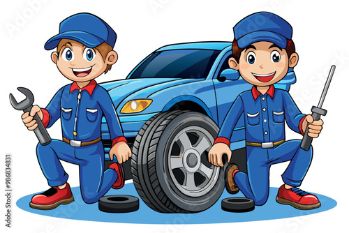 Illustration of the two male mechanics and a female mechanic on a white background
