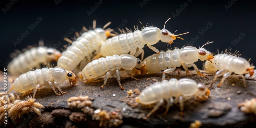 Tiny white termite larvae cluster together on a dark surface, their delicate bodies entwined in a intricate and Tiny white termite larvae cluster together on a dark surface, their delicate bodies entwined in a intricate and