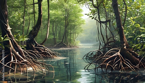 Serene mangrove swamp showcasing tangled roots and brackish waters, home to unique coastal species and highlighting the importance of coastal wetlands photo