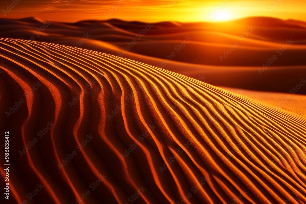 Naklejka premium A breathtaking panoramic view of windswept sand dunes bathed in the golden glow of sunset, evoking a sense of tranquility and vastness. The rippling patterns of the sand create a mesmerizing display o