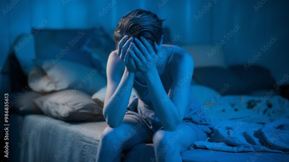 Naklejka premium Lonely young woman feeling depressed and stressed sitting head in hands in the dark bedroom, Negative emotion and mental health concept