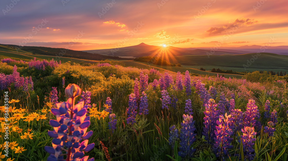 Obraz premium Sunset over a vibrant wildflower meadow with a sweeping view of distant hills, evoking the beauty of springtime. Ideal for environmental conservation materials, generative ai