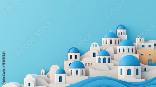 Santorini, Greece, white houses and blue domes in paper layers, paper craft