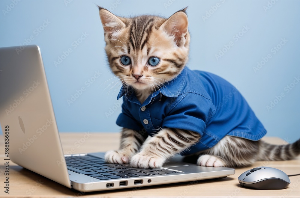 Adorable kitten in blue sweater curiously using laptop against light background