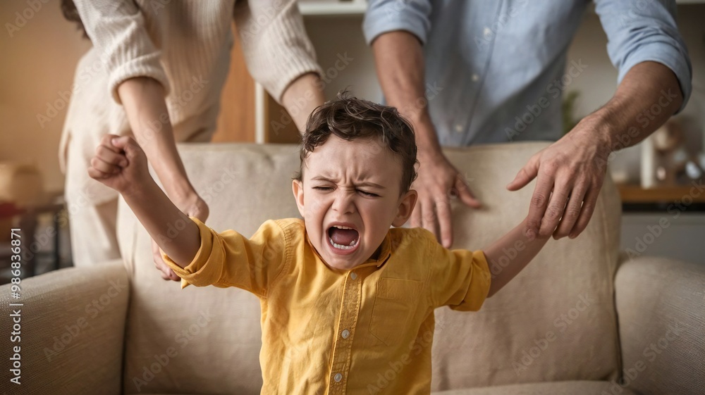 Fototapeta premium Angry screaming child with desperate parents.Stressed exhausted mother and father feeling desperate about screaming stubborn kid tantrum, upset annoyed parents tired of naughty difficult
