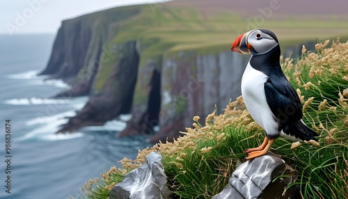 Nesting Atlantic Puffin on Noss Island Cliffs, Shetlands Wildlife Beauty photo