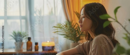 Young Asian woman uses aromatherapy for relaxation. Practice mindfulness with essential oils, calm and relaxing environment