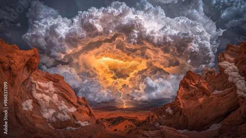 Dramatic Lightning Storm Over Desert Canyon Landscape