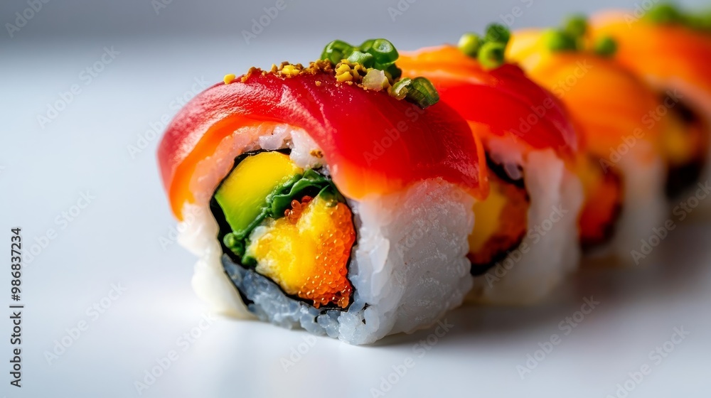 A close-up of a delicious sushi roll featuring fresh tuna, avocado, and a spicy kick. The roll is perfectly prepared with a rice base and a generous amount of toppings. A close-up of a delicious sushi roll featuring fresh tuna, avocado, and a spicy kick. The roll is perfectly prepared with a rice base and a generous amount of toppings.
