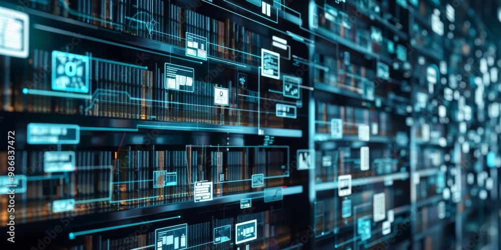 Close-up of a virtual bookshelf displaying various book icons in a 3D digital interface, with a futuristic backdrop and animated features highlighting the tech-savvy design Close-up of a virtual bookshelf displaying various book icons in a 3D digital interface, with a futuristic backdrop and animated features highlighting the tech-savvy design