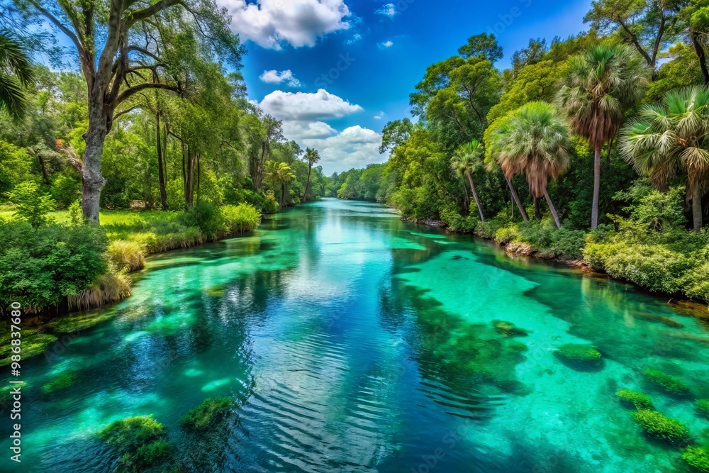 Turquoise waters flow gently through lush greenery in Crystal River, Florida, creating a serene and breathtaking haven Turquoise waters flow gently through lush greenery in Crystal River, Florida, creating a serene and breathtaking haven