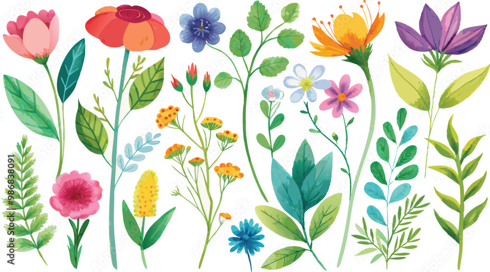 Fototapeta premium Watercolor wildflowers and leaves illustration set,,Beautiful floral set with watercolor hand drawn,Stock illustration,wild plants,flowers,Garden, meadow,pattern,leaf,Nature clipart,wedding invitation