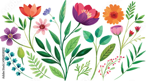 Wallpaper Mural Watercolor wildflowers and leaves illustration set,,Beautiful floral set with watercolor hand drawn,Stock illustration,wild plants,flowers,Garden, meadow,pattern,leaf,Nature clipart,wedding invitation Torontodigital.ca