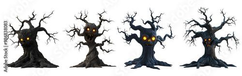 Spooky 3D Cartoon Set of Haunted Tree with Glowing Eyes and Twisted Branches on Transparent Background Halloween decorations
