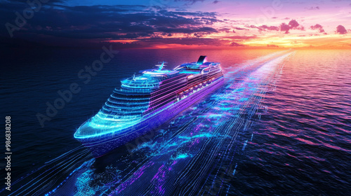 The ship is illuminated with neon lights, creating a vibrant and colorful scene