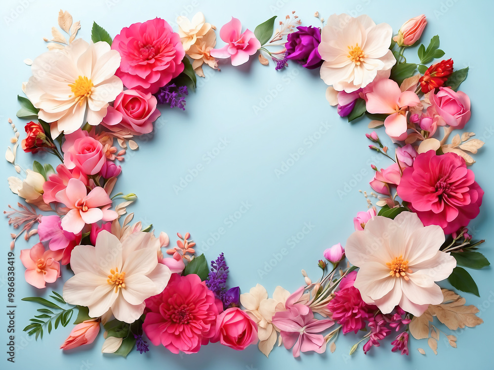 An elegant oval-shaped floral arrangement on a blue background with roses and peonies in various colors An elegant oval-shaped floral arrangement on a blue background with roses and peonies in various colors