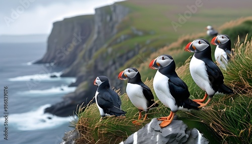 Nesting Atlantic Puffin on Noss Island Cliffs, Shetlands Wildlife Beauty photo