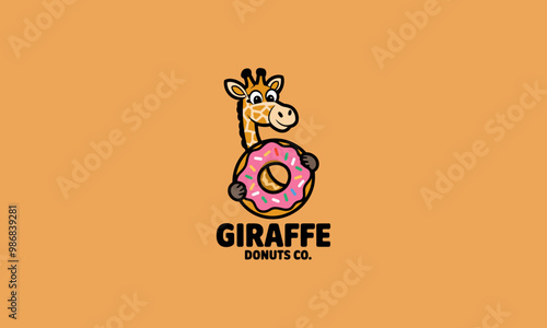 Cute giraffe eating a sprinkled donut logo design.