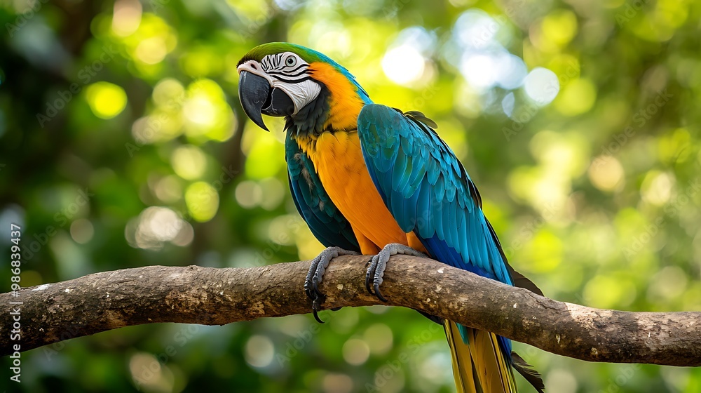 Obraz premium Blue-and-yellow macaw parrot perched on a tree branch in nature