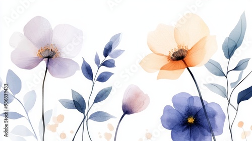 A delicate watercolor floral design featuring blue, purple, and peach flowers, representing beauty, serenity, nature, growth, and tranquility.
