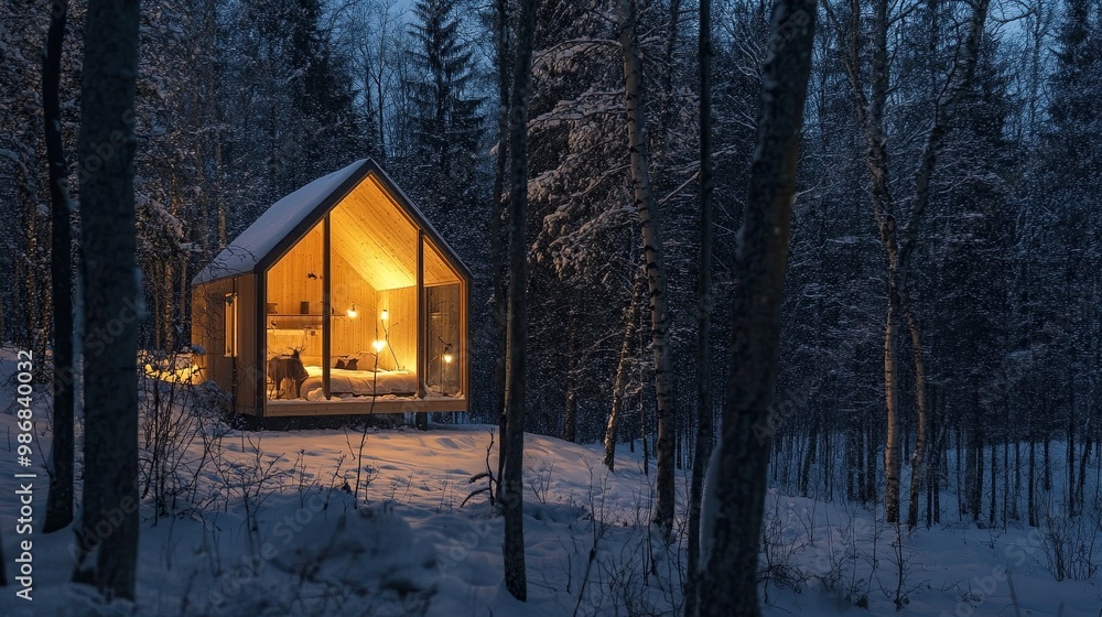 Cozy Cabin Protected by Transparent Shield in Snowy Forest Landscape at Night: Cabin in Snowy Forest with Protective Shield Showcasing Resilience Against Harsh Weather. Cozy Cabin Protected by Transparent Shield in Snowy Forest Landscape at Night: Cabin in Snowy Forest with Protective Shield Showcasing Resilience Against Harsh Weather.