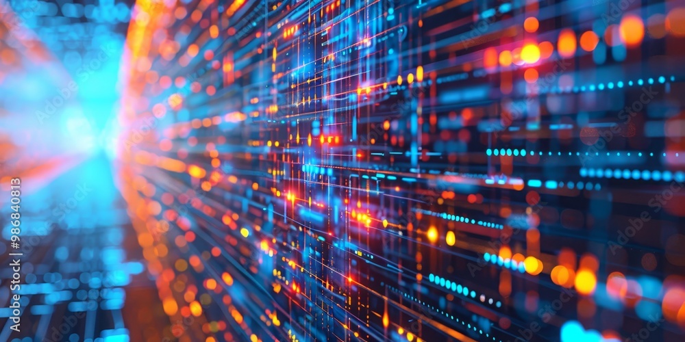 Fototapeta premium A detailed visualization of a digital firewall as a protective barrier around a network, with secure data streams and protected nodes, symbolizing advanced cybersecurity