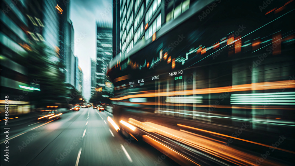 Fast-moving cars blur through the brightly lit urban cityscape, creating a vibrant tapestry of motion on the bustling highway with financial Fast-moving cars blur through the brightly lit urban cityscape, creating a vibrant tapestry of motion on the bustling highway with financial