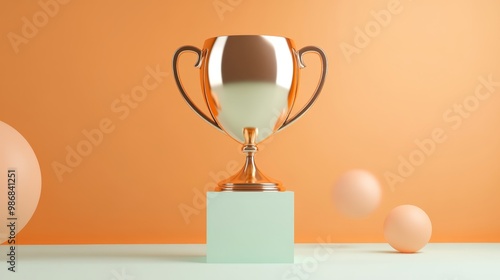 A golden trophy, a symbol of achievement and success, stands proudly on a mint green pedestal against a warm orange background. Two spheres, one on each side, add visual interest and a playful touch t