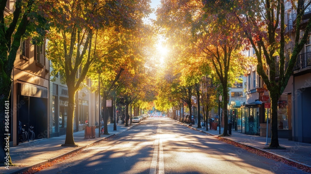 A fall city street lined with trees in full autumn color, with sunlight filtering through the branches A fall city street lined with trees in full autumn color, with sunlight filtering through the branches