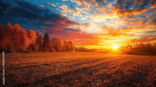 A glowing fall sunset over a field of trees, with rich autumn colors in the sky