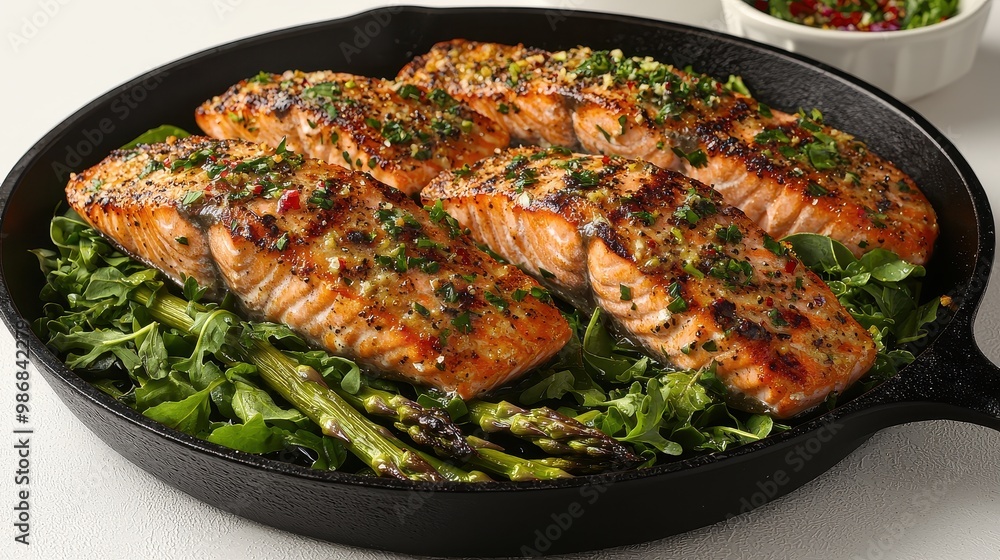 Grilled Salmon with Asparagus and Arugula in Cast Iron Skillet Grilled Salmon with Asparagus and Arugula in Cast Iron Skillet