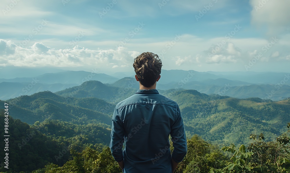 Naklejka premium Man Contemplating the Majestic Mountain Range