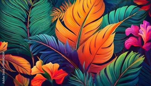 Wallpaper Mural Tropical leaves and flowers in bright colors Torontodigital.ca