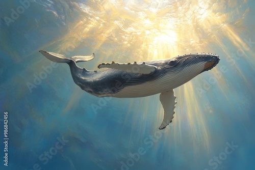 A majestic humpback whale gracefully swims through sunlit ocean waters, showcasing its powerful form and elegance.  The sun's rays illuminate the whale, creating a sense of wonder and beauty. photo