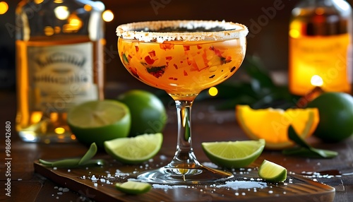 Fiery fiesta flavor in a spicy margarita with a salt rim, tequila, lime juice, and triple sec bursting with excitement photo