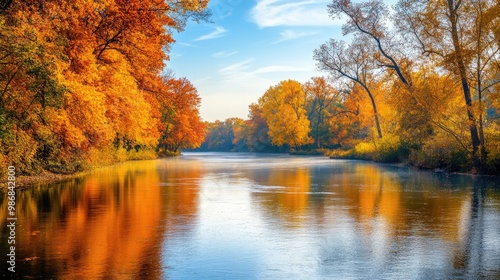 A peaceful fall season view of a river, lined with trees full of autumn foliage