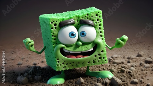 grumpy, green sponge with a rough, scrubby surface. Greg is always reluctant to clean, preferring to hang out in the corner covered in dirt and grime.  photo