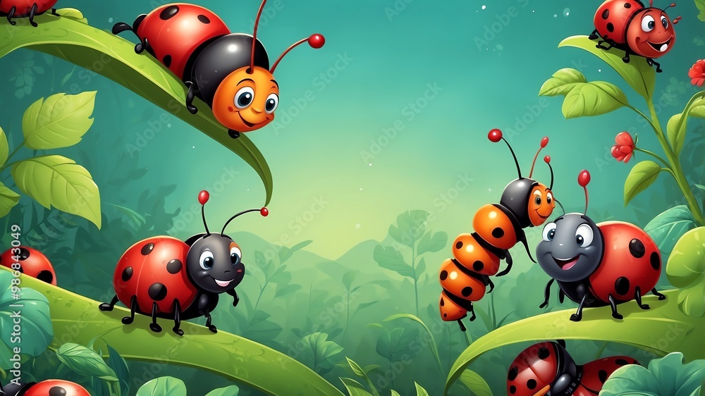 Happy Caterpillars and Ladybugs Cartoon Background Design Happy Caterpillars and Ladybugs Cartoon Background Design