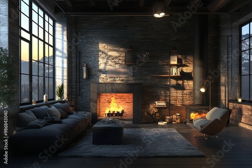 photo Dark living room loft with fireplace, industrial style, 3d render background