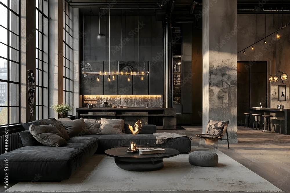 photo Dark living room loft with fireplace, industrial style, 3d render background photo Dark living room loft with fireplace, industrial style, 3d render background
