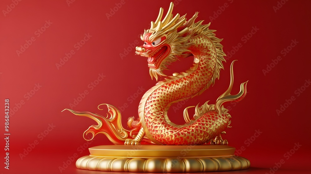 Fototapeta premium 3D Chinese dragon celebrating the 2024 Lunar New Year, with a red and gold background and golden podium.