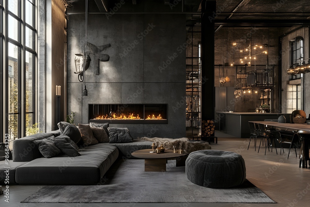 photo Dark living room loft with fireplace, industrial style, 3d render background photo Dark living room loft with fireplace, industrial style, 3d render background