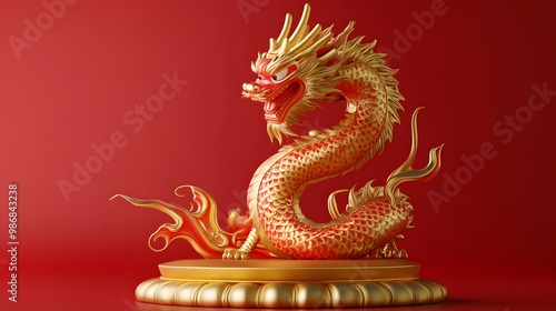 3D Chinese dragon celebrating the 2024 Lunar New Year, with a red and gold background and golden podium.