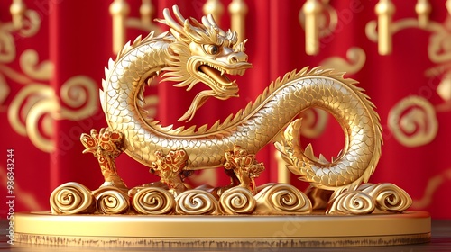 3D Chinese dragon celebrating the 2024 Lunar New Year, with a red and gold background and golden podium.