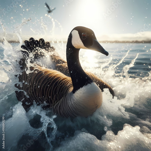 A closeup action shot of Canada Goose Bird splashing in water. photo